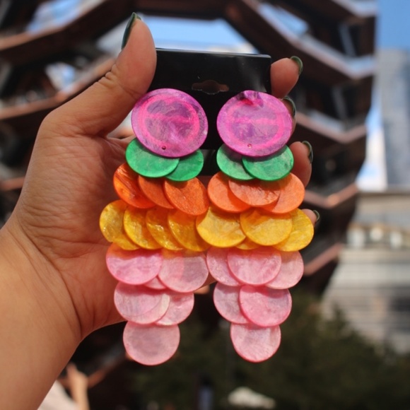 HP ❤️ Colorful Natural shell chandelier earrings colorful bright big statements - Picture 7 of 7